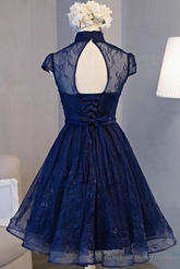 Beautiful Navy Blue Knee Length Lace Party Dress, Homecoming Dress